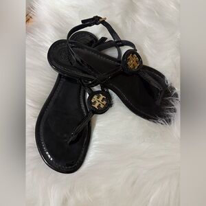 Tory Burch Black Patent Logo Thong Sandals with Gold Emblem